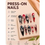Dark Japanese Manga Style Press‑On Nails,Blood Splatter Spider Web Letter Long Almond False Nails
